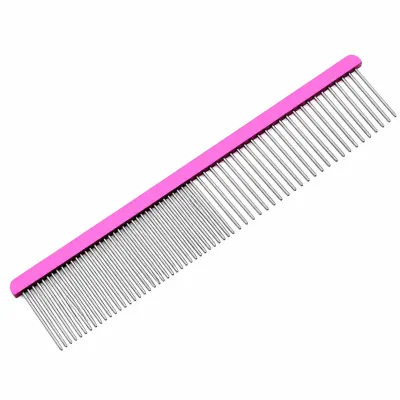 Pink Stainless Steel Pet Grooming Comb with Fine and Wide Teeth Pink stainless steel pet grooming comb featuring dual spacing metal teeth with fine and wide sections for detangling and grooming cats and dogs on a white background.