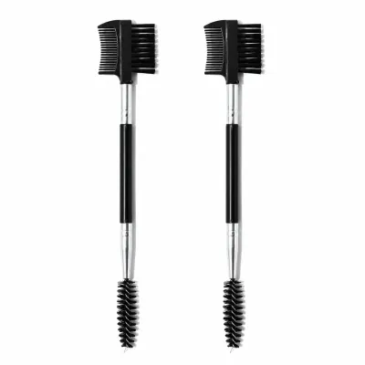Dual Ended Pet Eye Cleaning Comb with Fine Teeth and Brush Two black dual ended pet eye cleaning combs with fine comb teeth, soft brush bristles, spiral brush ends, and slim handles displayed vertically on a white background.