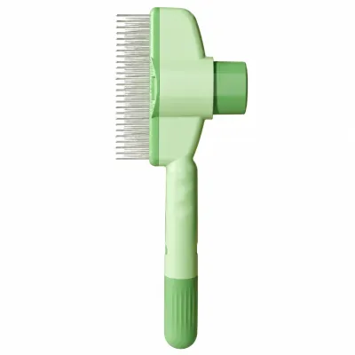 Green Pet Grooming Slicker Brush with Stainless Steel Pins Side view of a mint green pet grooming slicker brush featuring fine stainless steel pins, an ergonomic handle, and a compact brush head on a white background.