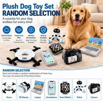 Plush Dog Toy Set Random Assorted Interactive Dog Toys Golden Retriever with assorted plush dog toys featuring drone, robot, laptop, smartphone, smartwatch and camera designs