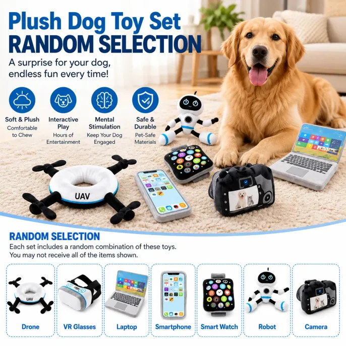 Plush Dog Toy Set Random Assorted Interactive Dog Toys Golden Retriever with assorted plush dog toys featuring drone, robot, laptop, smartphone, smartwatch and camera designs