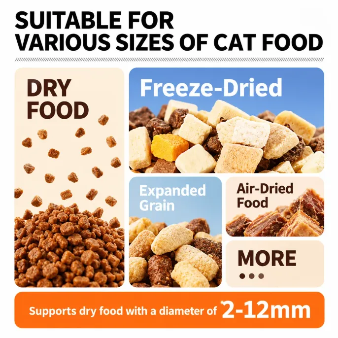 Smart Automatic Cat Feeder Compatible with Various Food Types Smart automatic cat feeder compatible with dry kibble, freeze dried food, expanded grain and air dried cat food, supporting dry food sizes from 2 to 12mm.