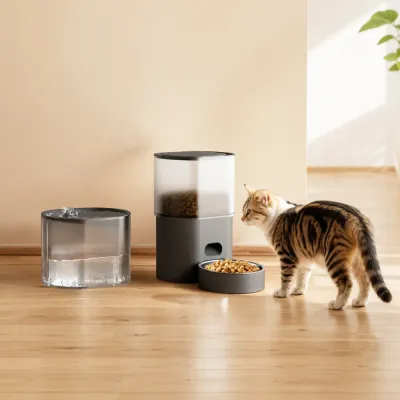 Automatic Cat Feeder and Water Fountain for Indoor Cats Tabby cat standing next to an automatic cat food dispenser and water fountain with transparent storage containers in a living room.