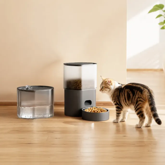 Automatic Cat Feeder and Water Fountain for Indoor Cats Tabby cat standing next to an automatic cat food dispenser and water fountain with transparent storage containers in a living room.