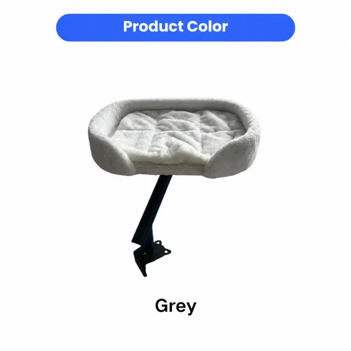 Grey Plush Desk Mounted Cat Bed with Rotating Arm Grey rotating cat bed with soft padded cushion, raised plush edges and black mounting arm shown on white background