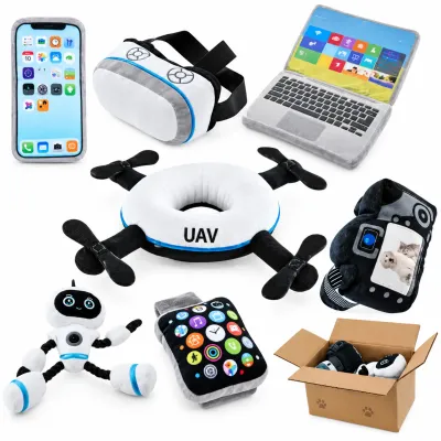 Assorted Tech Themed Plush Dog Toys for Interactive Play Assorted soft plush dog toys shaped like a smartphone, VR headset, laptop, drone, robot, smartwatch and camera