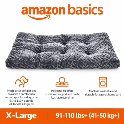 Extra Large Machine Washable Plush Dog Bed Extra large gray plush dog bed with polyester filling and machine washable construction, designed for large dogs weighing approximately 91 to 110 pounds or more.