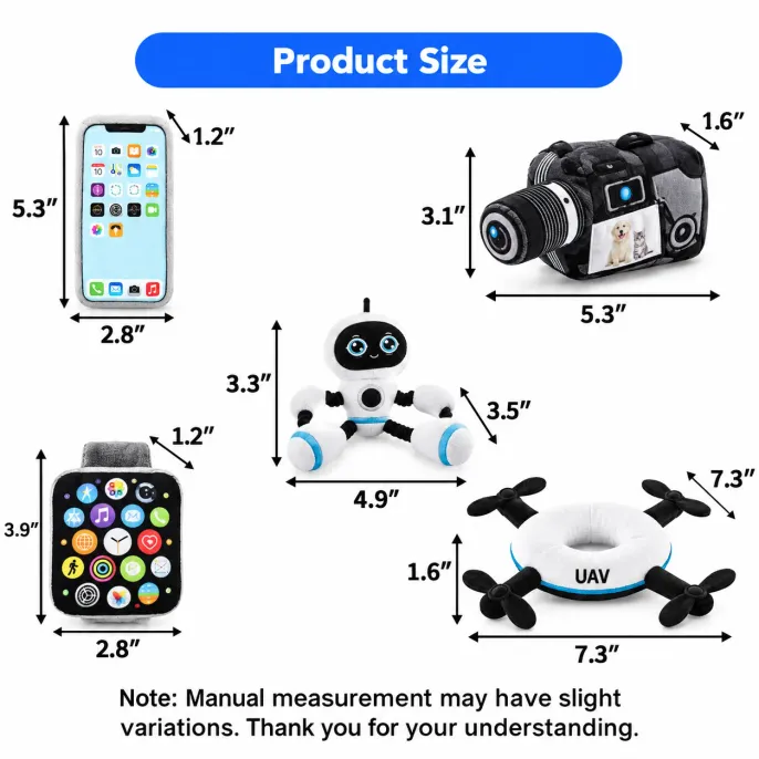 Plush Dog Toy Set Size Guide for Assorted Soft Toys Size chart of plush dog toys showing dimensions of smartphone, camera, robot, smartwatch and drone designs in inches