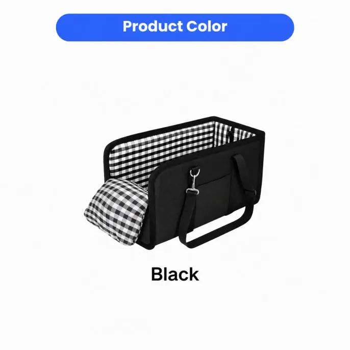 Black Dog Car Booster Seat Color Option Black pet car booster seat with black and white plaid interior and matching cushion