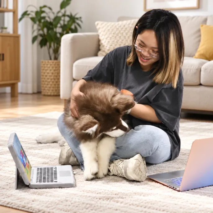 Soft Plush Laptop Dog Toy for Indoor Pet Playtime Fluffy brown and white dog relaxing with its owner on a living room rug beside a soft laptop shaped plush dog toy
