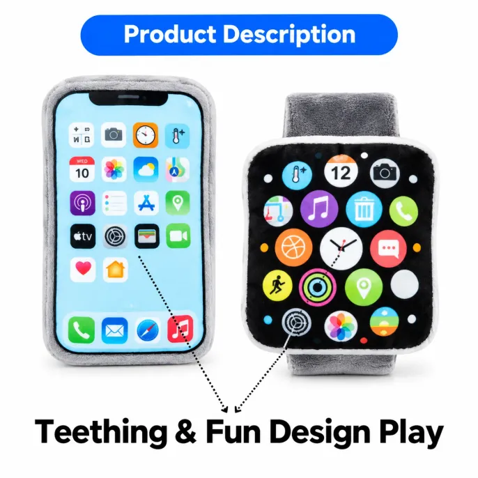 Smartphone and Smartwatch Plush Dog Chew Toys Soft plush dog chew toys designed as a smartphone and smartwatch with colorful printed app icons and padded fabric