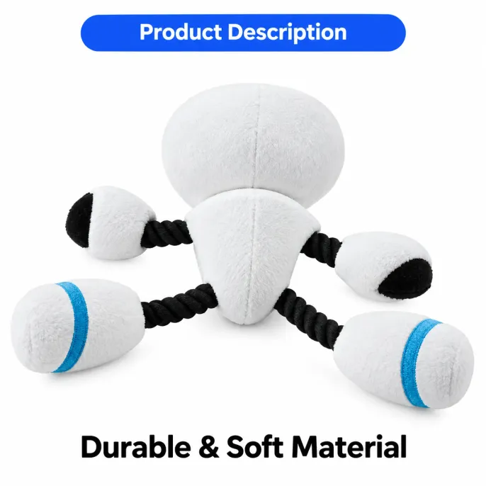 Soft Plush Robot Dog Toy with Rope Arms and Legs Back view of white plush robot dog toy featuring soft padded fabric body and black twisted rope arms and legs with blue accents