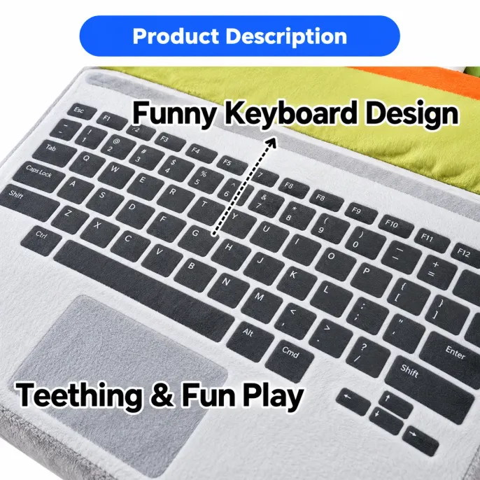 Laptop Shaped Plush Dog Toy with Printed Keyboard Design Close up of soft plush laptop dog toy featuring a realistic printed keyboard and padded fabric for playful chewing