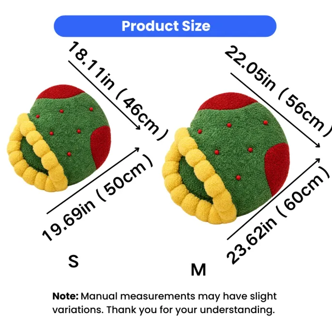 Christmas Stocking Cat Bed Size Guide Small and Medium Christmas stocking cat bed size chart showing small size 46 by 50 cm and medium size 56 by 60 cm