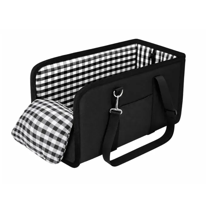 Black Dog Car Booster Seat with Plaid Cushion Black dog car booster seat with checkered cushion, adjustable straps and portable design for small dogs