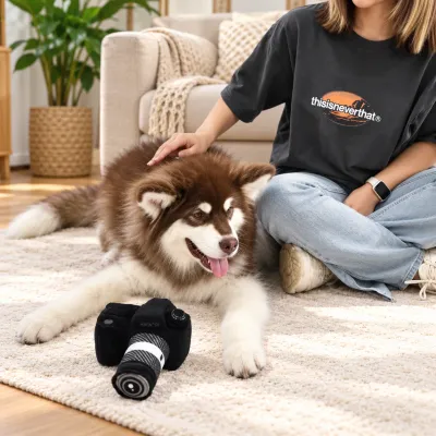 Plush Camera Dog Toy for Indoor Interactive Play Fluffy brown and white dog resting on a living room rug beside a black camera shaped plush dog toy while being petted by its owner