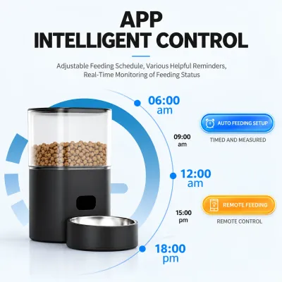 WiFi Smart Automatic Pet Feeder with APP Remote Control Black smart automatic pet feeder with APP remote control, programmable feeding schedules, timed portion dispensing and real time feeding status monitoring.