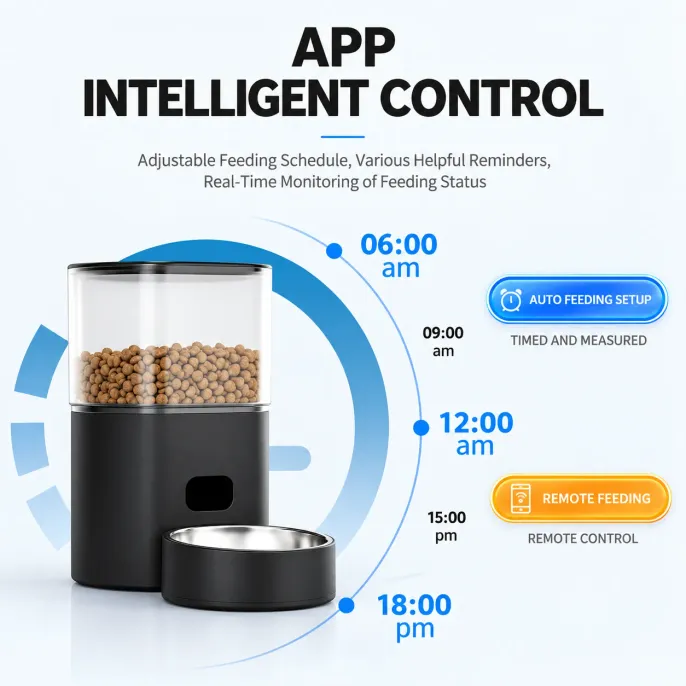 WiFi Smart Automatic Pet Feeder with APP Remote Control Black smart automatic pet feeder with APP remote control, programmable feeding schedules, timed portion dispensing and real time feeding status monitoring.