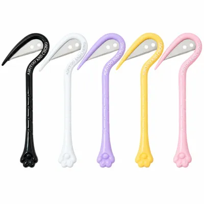 Pet Dematting Tool with Hook Blade for Dogs and Cats Five colorful pet dematting tools in black, white, purple, yellow, and pink, featuring curved hook shaped metal blades and paw print handles on a white background.