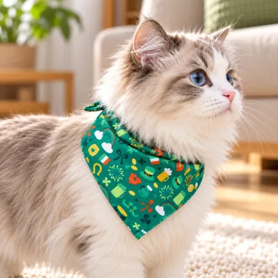 Fluffy blue eyed cat wearing a green St Patrick's Day bandana featuring shamrocks, lucky horseshoes, Irish flags and festive holiday patterns in a cozy living room.