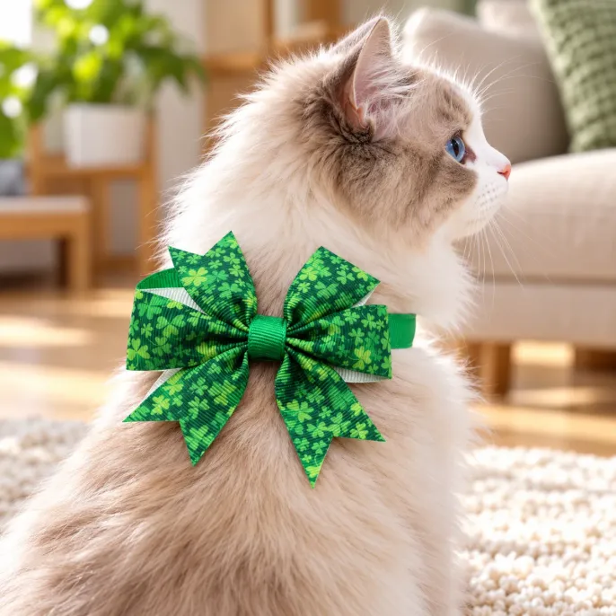 St Patrick's Day Cat Bow Tie Collar with Green Shamrock Print Fluffy blue eyed cat wearing a green St Patrick's Day bow tie collar decorated with shamrock patterns while sitting on a soft rug in a cozy living room.