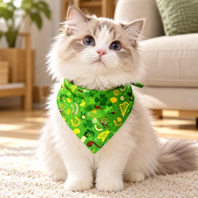 St Patrick's Day Cat Bandana with Green Shamrock Print Fluffy white and gray cat wearing a green St Patrick's Day bandana featuring shamrocks, lucky horseshoes and festive Irish themed patterns while sitting on a rug indoors.