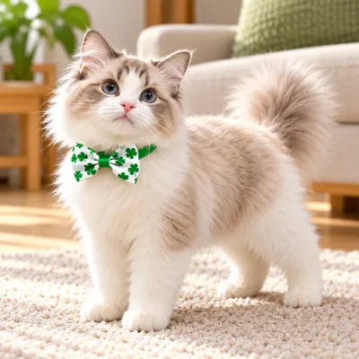 Fluffy blue eyed cat wearing a white bow tie collar with green shamrock prints for St Patrick's Day, standing on a soft rug in a sunlit living room.