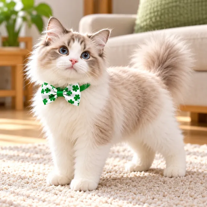 Fluffy blue eyed cat wearing a white bow tie collar with green shamrock prints for St Patrick's Day, standing on a soft rug in a sunlit living room.