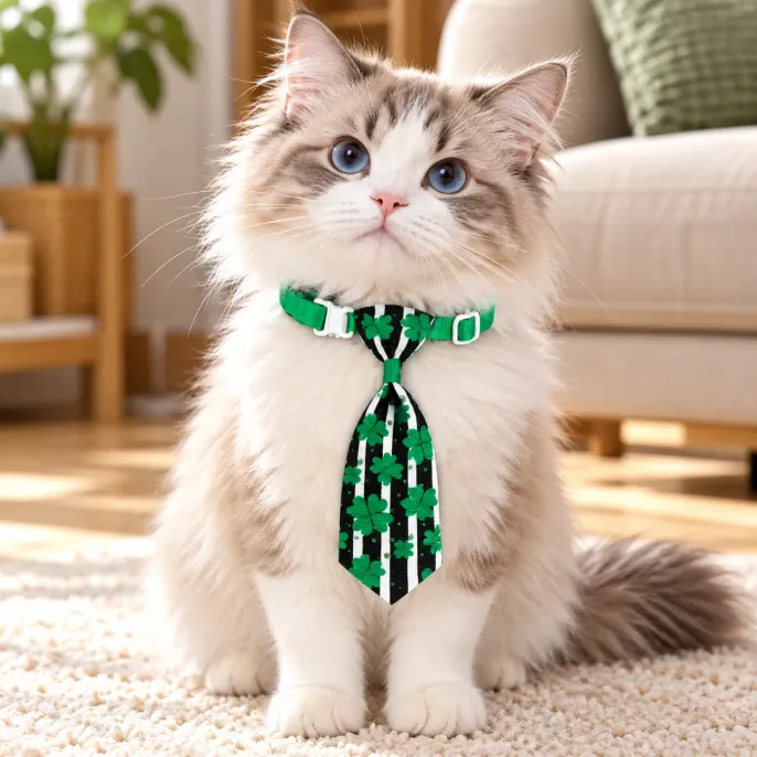 St Patrick's Day Cat Tie Collar with Green Shamrock Print Fluffy blue eyed cat wearing a green adjustable collar with a black necktie featuring green shamrock patterns for St Patrick's Day while sitting indoors.